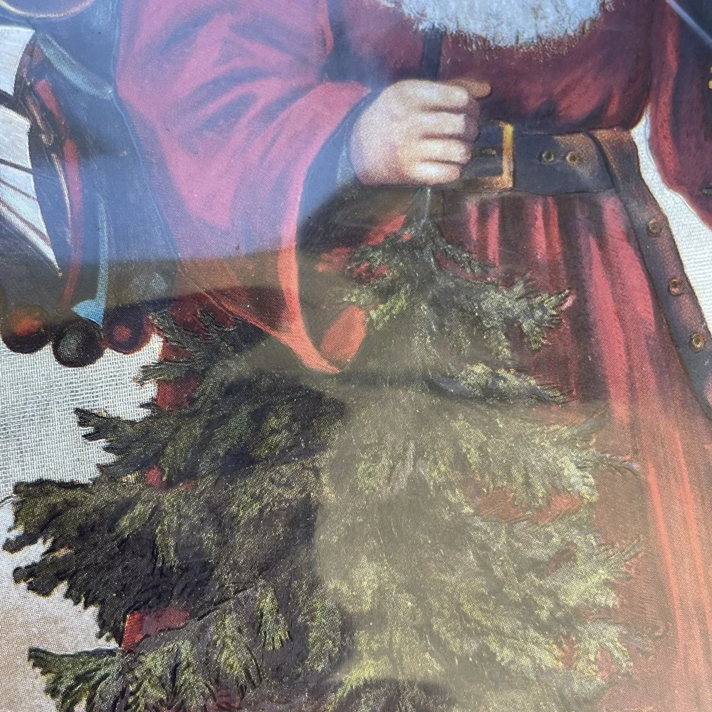 Large Christmas Die Cut Santa Two Puppets & Robins Perched on Holly Holiday Vntg